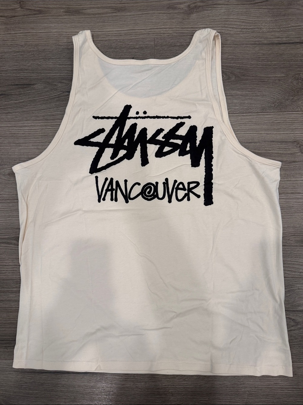Cream w/ Black Font Stüssy Vancouver Chapter Cut Tag Tank Top Men’s Size XXL